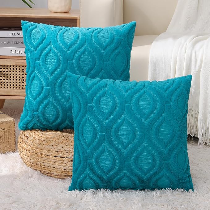 decorUhome Summer Throw Pillow Covers 22x22 Inch Set of 2, Soft Plush Faux Wool Teal Solid Couch Pillow Covers, Accent Euro Sham Farmhouse Neutral Square Pillow Cases for Sofa Bed Living Room