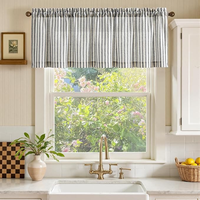 jinchan Valance Curtain Linen Textured Striped Window Curtain for Living Room Light Filtering Farmhouse Valance for Kitchen Rod Pocket 1 Panel 16 Inch Charcoal Grey on Linen 1 Panel