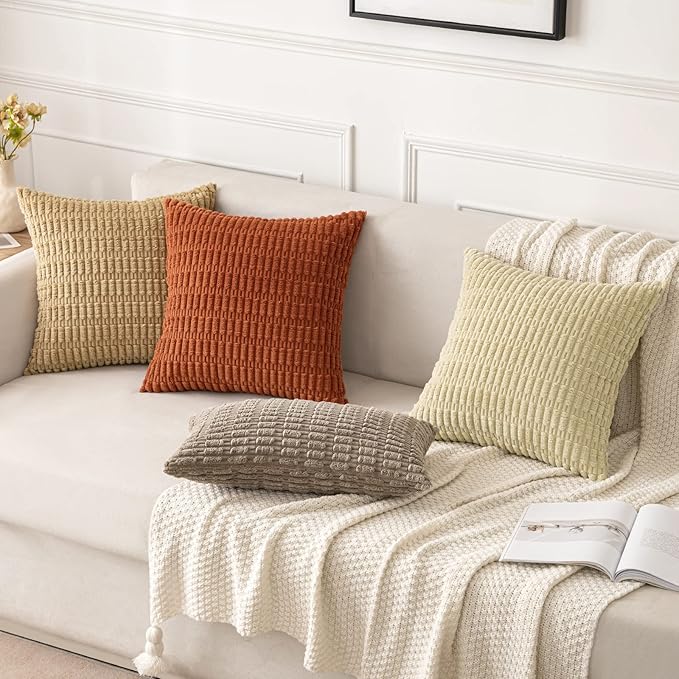 MIULEE Pack of 2 Rust Corduroy Decorative Pillow Covers 20x20 Inch Soft Boho Striped Throw Pillow Covers Modern Farmhouse Home Decor for Summer Sofa Living Room Couch Bed