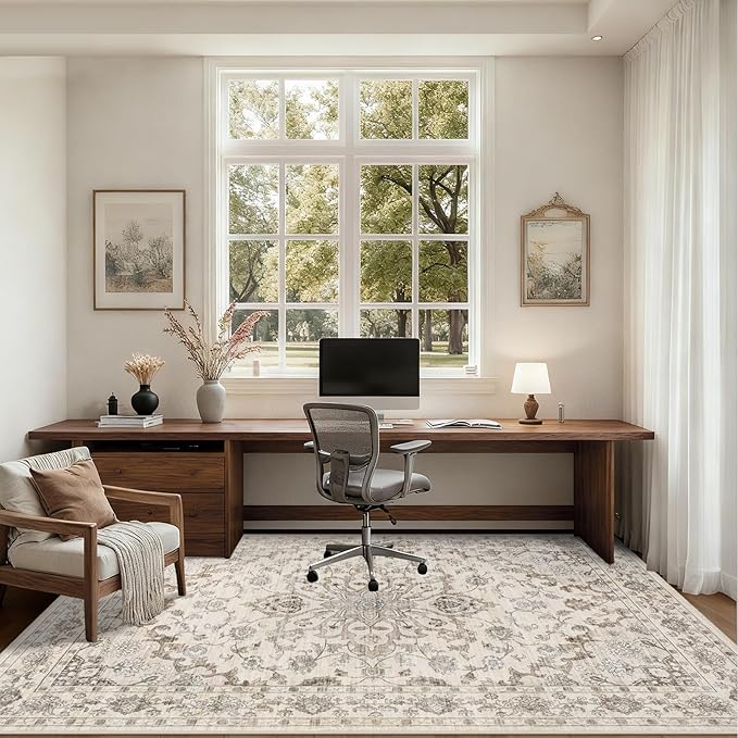 3x5 Area Rugs Living Room Rug: Washable Vintage Distressed Floral Rug No Slip Stain Resistant Soft Carpet Indoor Floor Large Carpets for Bedroom Dining Room Farmhouse Nursery Home Office Brown Beige