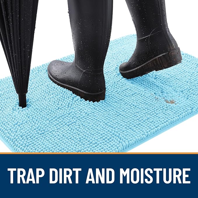 OLANLY Dog Door Mat for Muddy Paws 32x20, Absorbs Moisture and Dirt, Absorbent Non-Slip Washable Doormat, Quick Dry Chenille Mud Mat for Dogs, Entry Indoor Entryway Carpet for Inside Floor, Blue