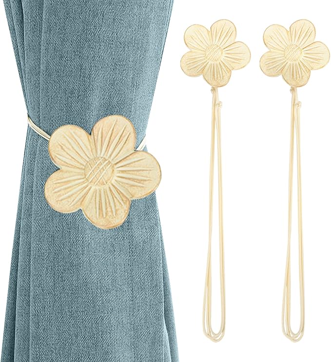 Lewondr Vintage Magnetic Curtain Tieback, 1 Pair Resin Flower Curtain Drapery Holdback Window Curtain Decorative Buckle Holder for Home Cafe Balcony, Light Gold