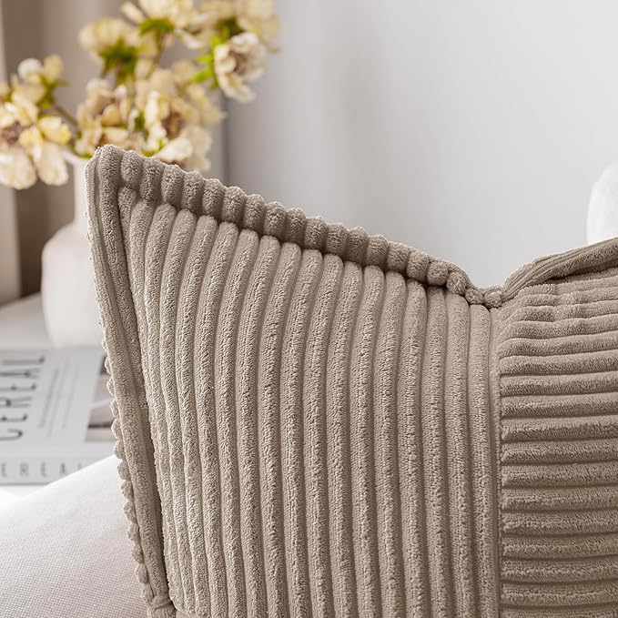 MIULEE Decorative Throw Pillow Covers for Couch Bed Livingroom 20x20 Inch Set of 2 Light Brown Boho Accent Throw Pllows Broadside Striped Patchwork Soft Corduroy Pillowcases