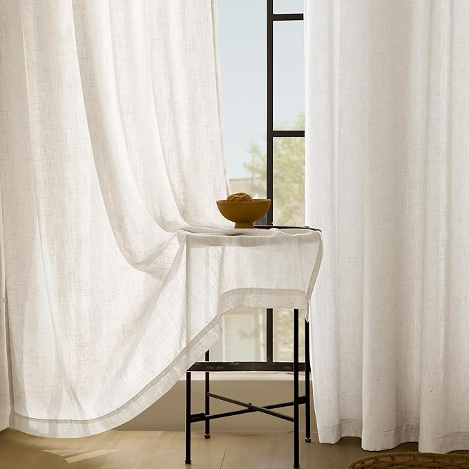 Cream Linen Curtains 72 inch Long 2 Panel Set for Living Room Back Tab Rod Pocket Semi Sheer Light Filtering Bedroom Window Curtain 72 inch Length Modern Farmhouse Neutral Ivory Linen Drapes 60x72