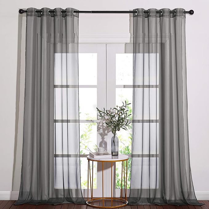 NICETOWN Sheer Curtains 108" Extra Long - Grommet Top Soft Voile Texture Window Draperies for Villa/Cottage (108" Wide Total 2 Pieces, Dark Grey)