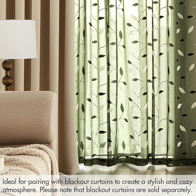 MIULEE Olive Green Sheer Curtains 2 Panels Embroidered Leaf Patterned Rod Pocket Floral Semi Faux Linen Window Curtains Drapes Set for Living Room Bedroom Dining Room, 52x96 Inches Long