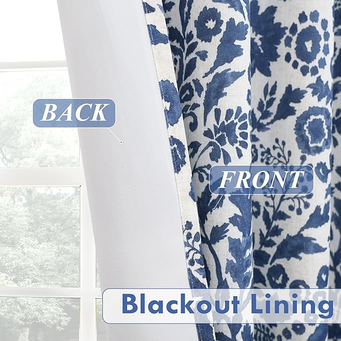 DriftAway Julia Watercolor Blooming Flower Floral Lined Thermal Insulated Window Curtain Valance Rod Pocket 52 Inch by 18 Inch Plus 2 Inch Header Linen Blend Navy 1 Pack