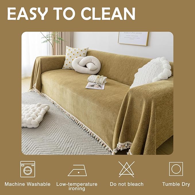 HANDONTIME Couch Covers for Pets Boho Mustard Yellow Love Seat Couch Covers Brown Sofa Cover for Dogs Pet Couch Protector Chenille Tassel Sofa Slipcovers Sofa Throw Cover Boho Decor, 91" X150"