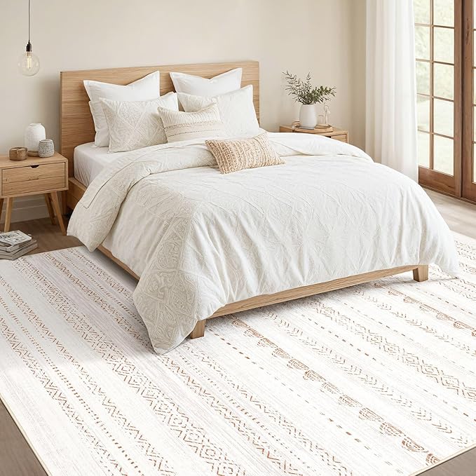 Nakagishi 10x12 Area Rug Living Room: Washable Boho Large Neutral Modern Soft Stain Resistant Farmhouse Indoor Floor Rug Non Slip Accent Carpet for Bedroom Nursery Kids Playroom Office- Brown