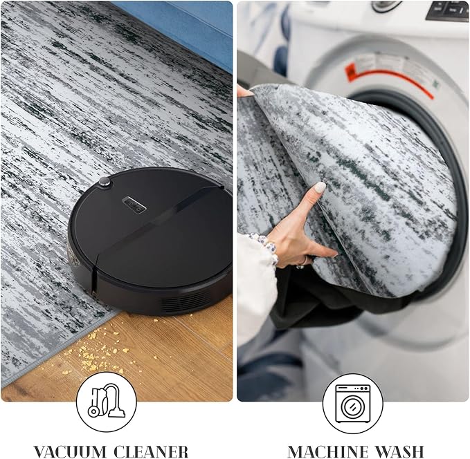 Lansny Modern Abstract Runner Rug 2.6x12, Black Grey White Washable Long Kitchen Runner Non-Slip Soft Hallway Rug Runner Thin Print Faux Wool Carpet for Entryway Bedroom Laundry Room Indoor Home Decor