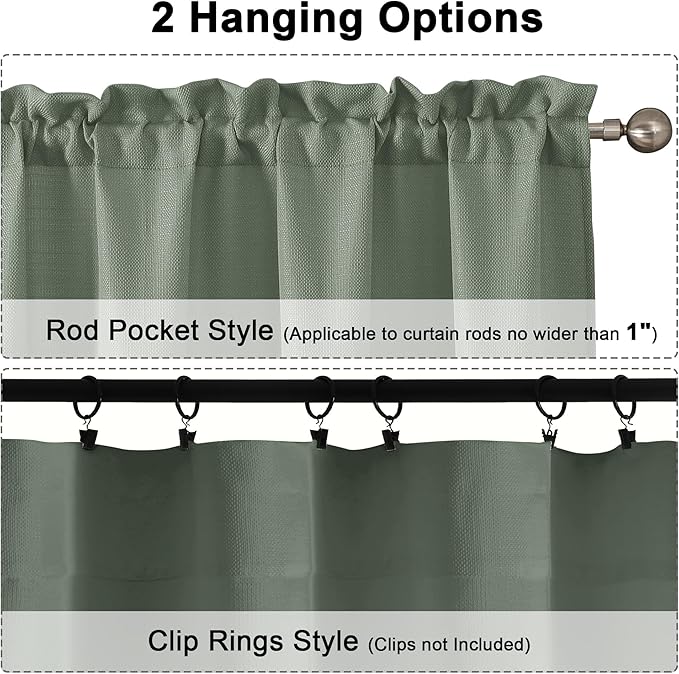 Chyhomenyc Sage Green Valance for Windows, Light Filtering Faux Linen Short Small Window Valance Curtain for Kitchen Bathroom Cafe Laundry Basement, 60Wx14L inch, 1 Piece