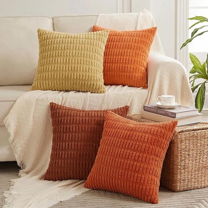 Fancy Homi Set of 4 Burnt Orange Fall Decorative Throw Pillow Covers 18x18 Inch for Couch Bed Chair, Modern Farmhouse Boho Room Decor, Soft Fuzzy Corduroy Textured Striped Cushion Case 45cm