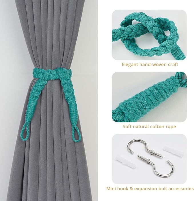 NICEEC 2 Pack Natural Cotton Rope Curtain Tiebacks Elegant Boho Style Decorative Drape Tie Backs Soft Hand-Woven Rope Curtain Holdbacks with Metal Hook for Home & Office Drapery (Teal)
