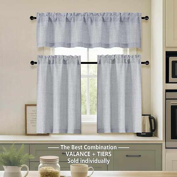 OVZME Grey Valance for Windows, Light Filtering Faux Linen Textured Small Short Valance Kitchen Curtain, Dual Rod Pocket Top Short Window Curtain for Bathroom Basement Farmhouse, 1 Piece, 60Wx16L
