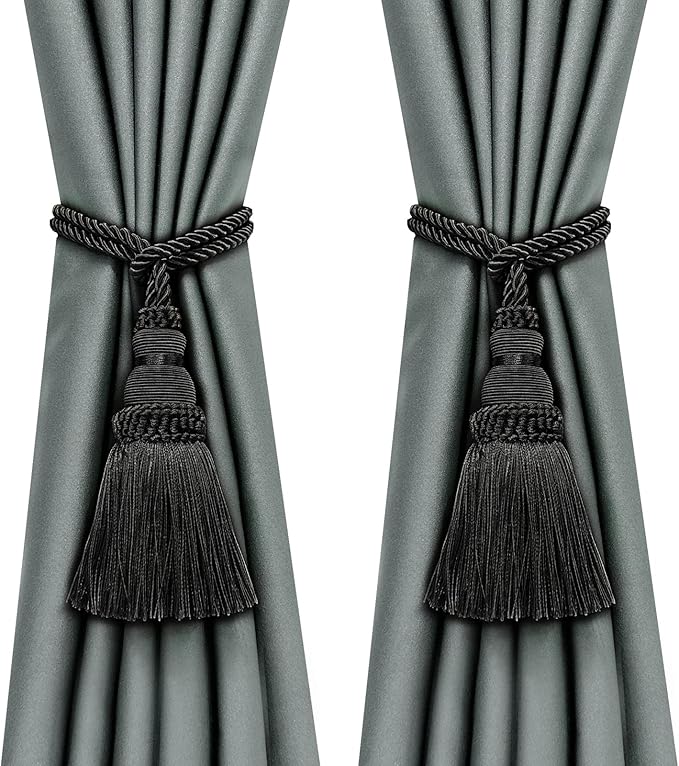 Fenghuangwu 6 Pack Curtain Tie Backs Rope Tassels for Curtains Drape tiebacks Handmade Outdoor Home and Outdoor Decorative (Black, 6p)