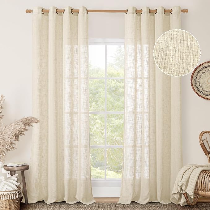 LAMIT 102 inches Long Sheer Linen Curtains, Linen Textured Light Filtering Semi Sheer Bronze Grommet Natural Boho Drapes for Living Room/Farmhouse, 2 Panels, Beige, 52 x 102 Inch