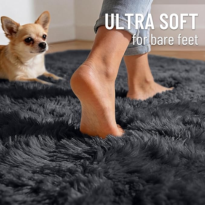 OLANLY Black Round Rugs for Bedroom - Machine Washable, 5 ft Circle Area Rugs for Living Room, Soft and Fluffy Shaggy Carpet for Teen Girls and Boys, Nursery Rooms, Dorms, Home Decor Aesthetic