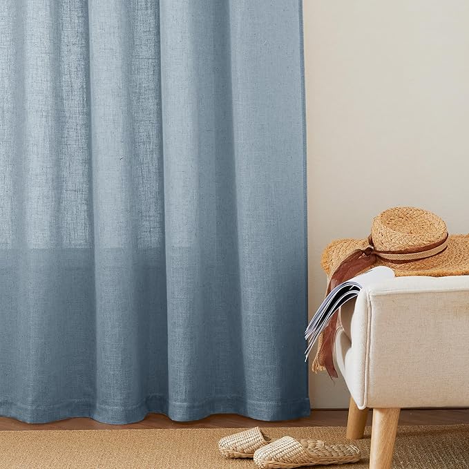RYB HOME Semi Sheer Curtains for Small Window Doorway, Thick Linen Burlap Half Privacy Machine Washable Natural for Cafe Kitchen Glass Door, W 52 x L 45 inch, 2 Pcs, Dusty Blue