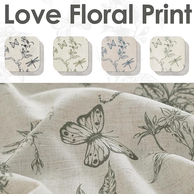 jinchan Floral Curtain Valance for Windows 16 Inch Linen Valance for Kitchen Living Room Rustic Cottage Farmhouse Flower Butterfly Curtain Rod Pocket 1 Panel Double Layer Blackout Grey on Beige
