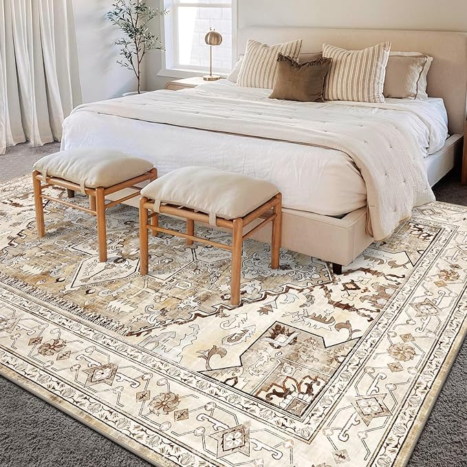 Yamaziot Area Rug 9x12, Non-Slip Washable Boho Vintage Living Room Bedroom Rug with Rubber Backing, Low Pile Faux Wool Soft Distressed Rug Floor Carpet for Living Room, Bedroom