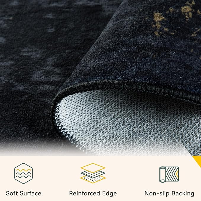Washable Area Rugs 9'x12' Non-Slip Modern Abstract Soft for Living Room Entryway Bedroom Nursery, Print Pattern, Dark Black Gold