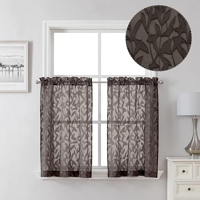 Lecloud Leia 2 PCS Chocolate Brown Sheer Kitchen Curtains 36 Inch Length, Breathable Clip Textured Leaf Cafe Bedroom Voile Curtain, Dual Rod Pockets Jacquard Bathroom Bedroom Drapes, 38 W x 36 L