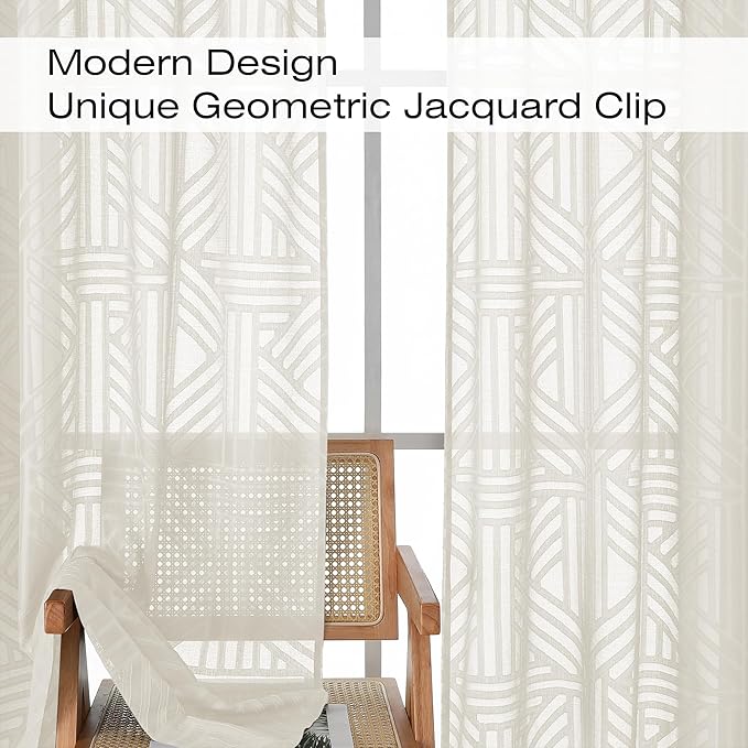 Simplebrand Semi Sheer Ivory Curtains 96 Inches Long 2 Panels, Light Filtering Geometric Jacquard Clip Textured Sheer Curtains for Living Roon，Modern Elegant Window Curtains Drapes，52x96 inch