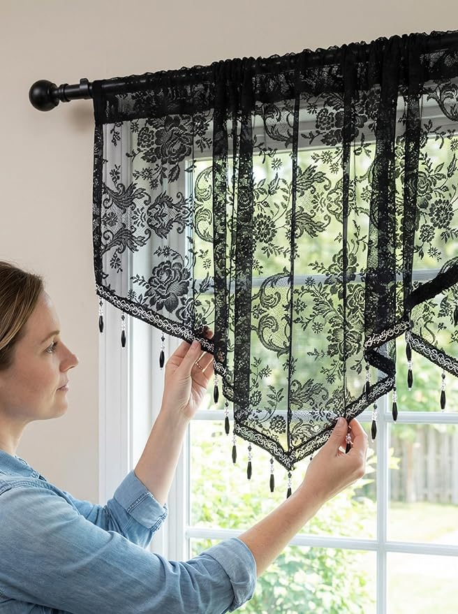 Molaxhome Swag Curtain 51 inch Length Rod Pocket Scalloped Curtain Valance Sheer Lace Panels with Hanging Crystal Beads for Kitchen Bedroom Window Treatments Drape Decor 1pc (Lace Black, 51Wx23L)