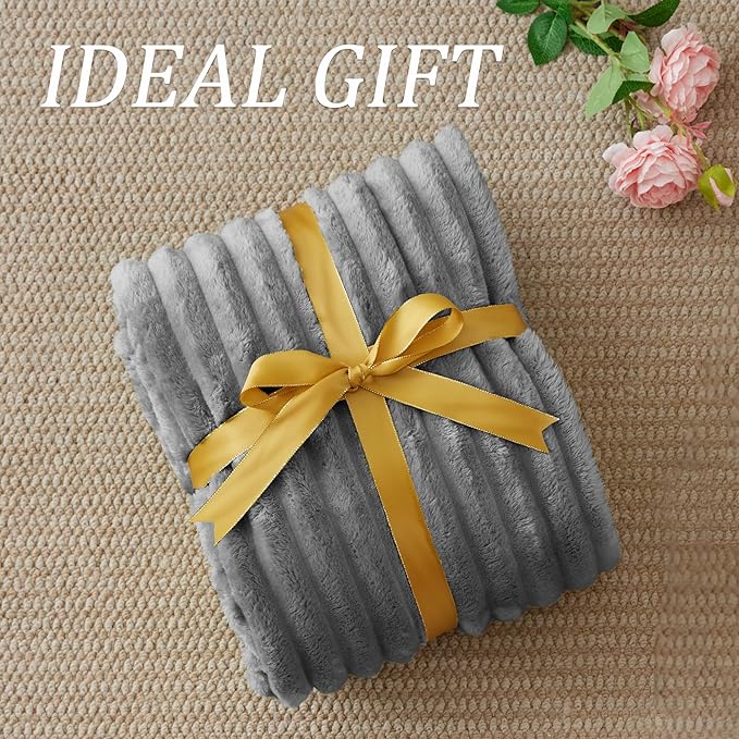 BEDELITE Fleece Throw Blanket for Couch - 300GSM Soft & Warm Fluffy Grey Blanket, Decorative and Giftable Striped Blankets for Women, Men, 50"x60"