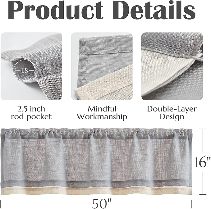 jinchan Linen Valance for Farmhouse Living Room Windows 16 Inch Gray Slubbed Crossed Double Layer Window Valance Light Filtering Rustic Country Overlay Rod Pocket 1 Panel Grey