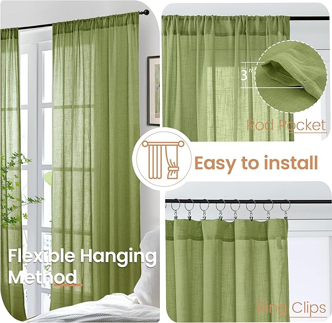 BGment Short Olive Green Curtains 36 Inch Length for Kitchen Cafe Window - Small Linen Drapes Rod Pocket Semi Sheer Textured for Bedroom Country Lightweight Natural Rustic, 2 Panels Set, 30 X 36 Inch