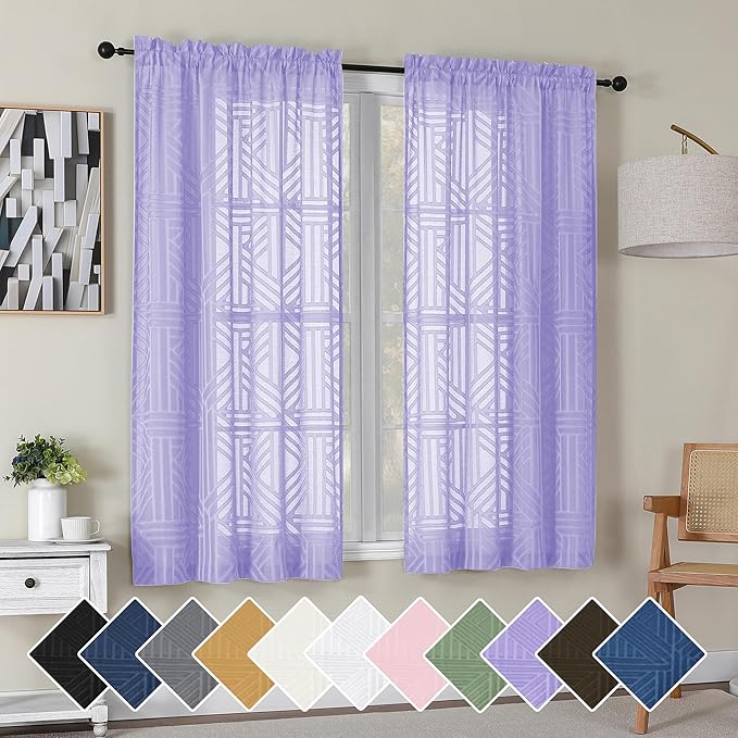 Simplebrand Lavender Semi Sheer Curtains 63 Inch Length 2 Panels, Light Filtering Geometric Jacquard Clip Textured Short Sheer Curtains for Bedroom，Modern Elegant Window Curtains Drapes，42x63 inch