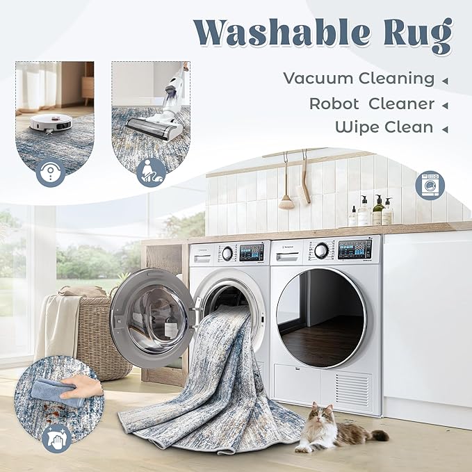 6x9 Area Rugs for Living Room, Washable Modern Abstract Large Area Rug Neutral Soft Non Slip Kids Rug Stain Resistant Indoor Carpet for Bedroom Nursery Dining Room Playroom(BlueWhite, 6'x9')