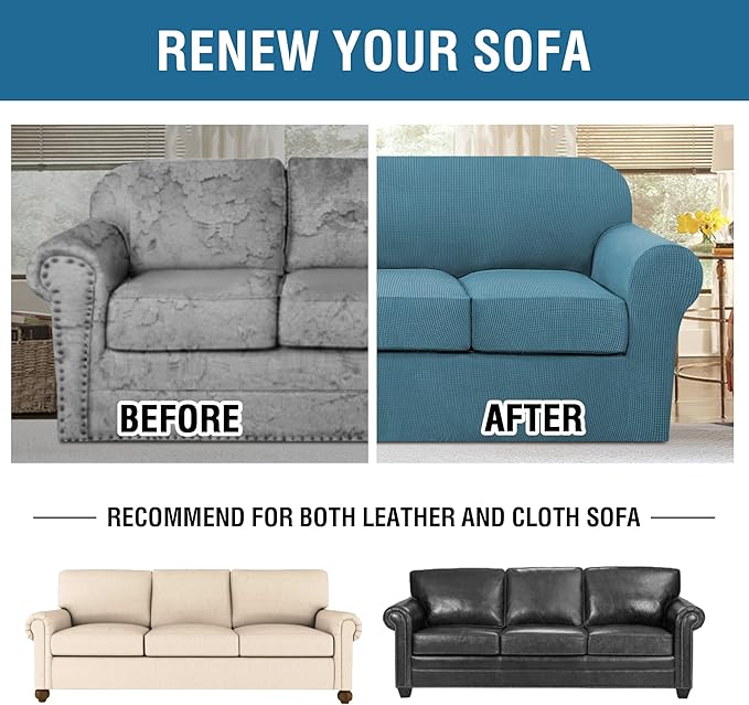 H.VERSAILTEX 4 Piece Stretch Sofa Covers for 3 Cushion Couch Covers for Living Room Furniture Slipcovers (Base Cover Plus 3 Seat Cushion Covers) Upgraded Thicker Jacquard Fabric (Sofa, Storm Blue)
