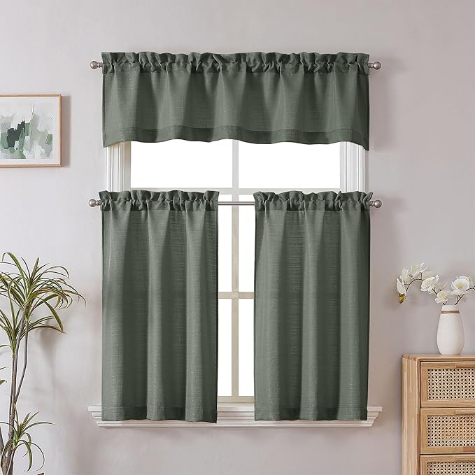 Chyhomenyc Olive Green Valance for Windows, Light Filtering Faux Linen Textured Small Kitchen Window Curtain, Rod Pocket Short Valance for Bathroom Laundry Basement, 60Wx14L inch, 1 Piece