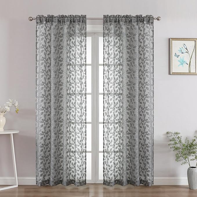Chyhomenyc Charcoal Grey Sheer Curtains 72 Inches Long 2 Panels Set, Light Filtering Tufted Textured Soft Airy Rod Pocket Elegant Leaf Window Treatment Drapes for Bedroom Living Room, 42"Wx72"L, 2PCS