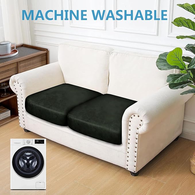 Leather Look Couch Cushion Covers Sofa Seat Slipcovers Sets Couches Furniture Protector for Sectional Armchair Loveseat Pets Kids Stretch Spandex Fabric (2 Cushion Loveseat, Army Green)