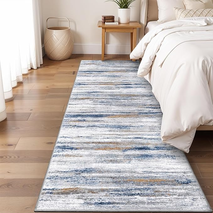 2x7 Washable Runner Rugs for Hallway: Easy-to-Clean Abstract Runners for Entryway Bedroom - Stain and Water Resistant Rugs with Non-Slip Backing - Soft Low-Pile Carpet Navy Grey