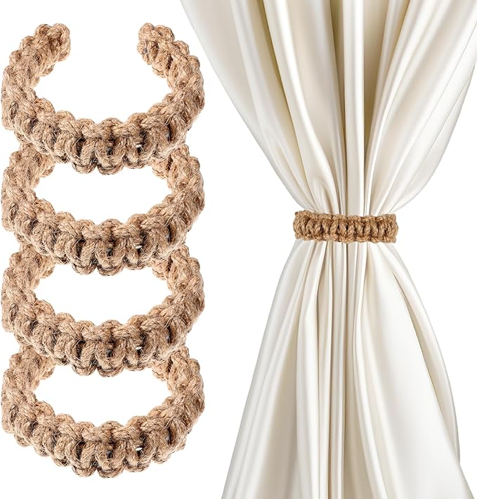 Ptwola 4 Pack Braided Curtain Tiebacks Boho Elegant Rustic Curtain Holdbacks Tie Backs Holders Set Simple Light Weight Drapes Decorative Accessories Handmade for Home Office Bedroom Window (4, Linen)