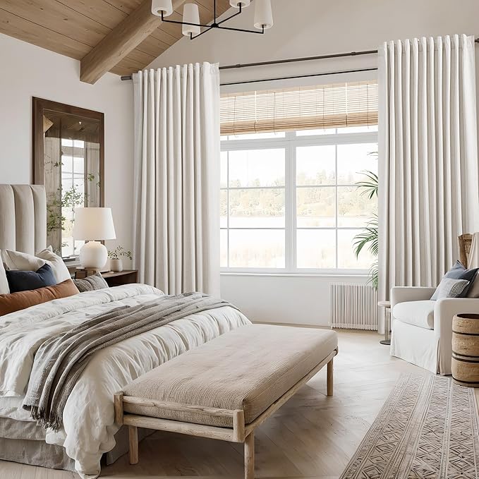 Beige White 100% Blackout Linen Curtains 102 Inch Length 2 Panels Set for Living Room Bedroom Back Tab Thermal Insulated Black Out Drapes Room Darkening Farmhouse Style for Bedroom Window Curtains