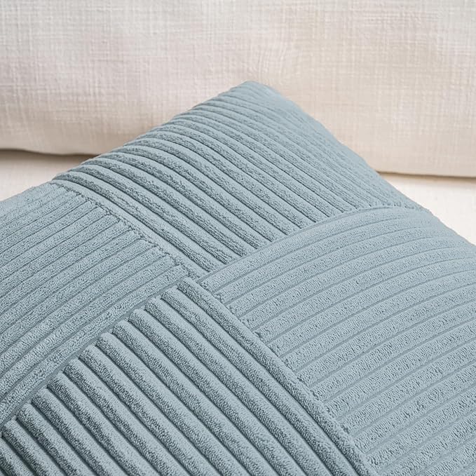 Fancy Homi Set of 2 Light Blue Lumbar Decorative Throw Pillow Covers 14x24 Inch for Couch Bed, Rustic Farmhouse Boho Home Decor, Soft Striped Corduroy Rectangle Accent Cushion Case 35x60 cm
