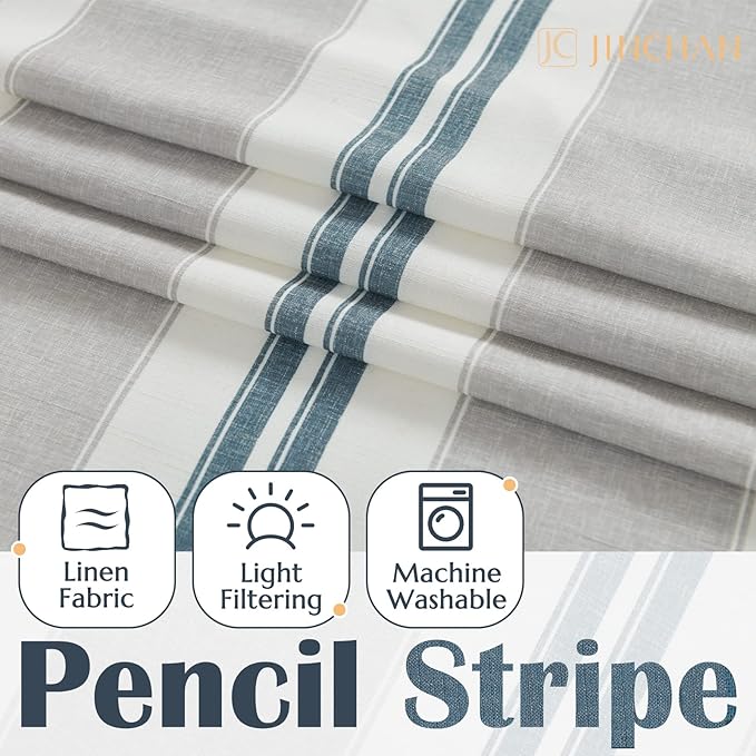 jinchan Striped Valance Farmhouse Window Treatment Linen Textured Drapes for Small Windows Kitchen Living Room RV Vintage Light Filtering Valance 16 Inch Rod Pocket 1 Panel Blue and Grey