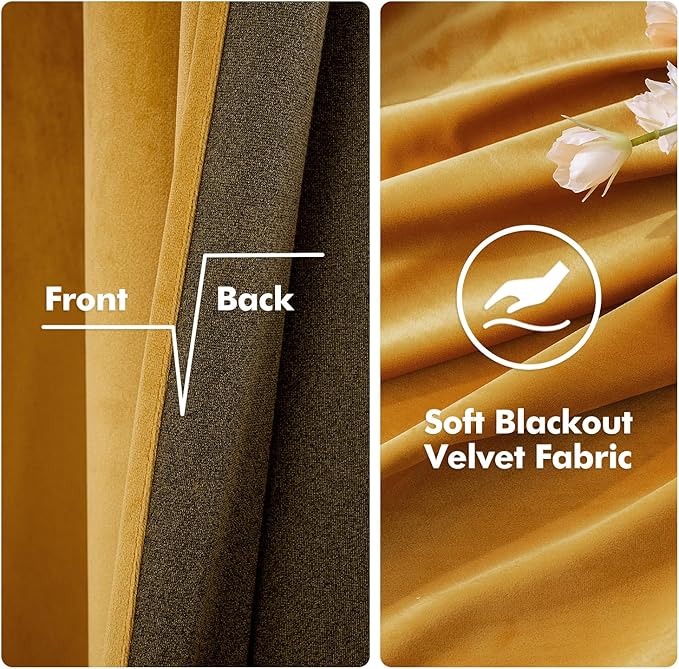 MIULEE 2 Panels Blackout Velvet Curtains Solid Soft Grommet Mustard Yellow Curtains Thermal Insulated Soundproof Room Darkening Curtains/Drapes/Panels for Fall Living Room Bedroom 52 x 84 Inch