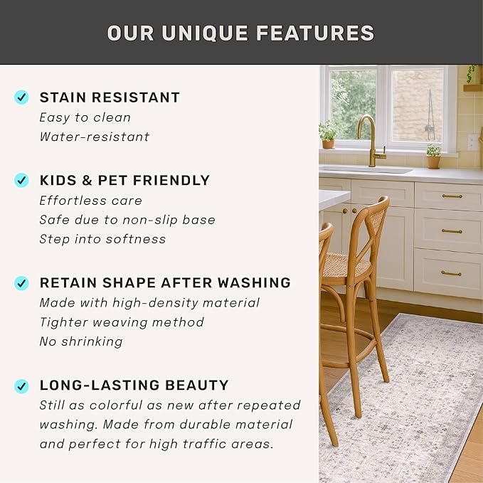 Hazo Haus Light Gray Washable 2'6"x8' Wide Runner Rugs for Kitchen, Bathroom, Hallway, Non-Slip & Stain Resistant Long Floor Rug, Neutral Boho Floral Décor