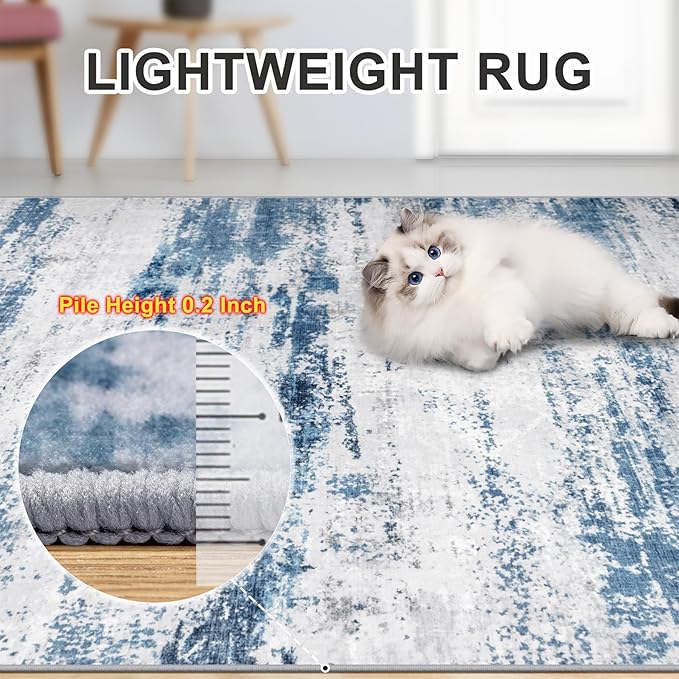 Area Rugs 10x14 Living Room - Washable Rug Modern Abstract Soft Large Neutral Non-Slip Carpet Indoor Floor Thin Carpets for Bedroom Dining Room Farmhouse Nursery Home Office White Blue Grey