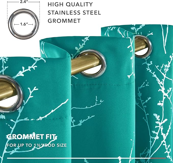 Deconovo Blackout Grommet Silver Pattern Printed Curtains, Turquoise/Silver Tree Branch, 52W x 95L