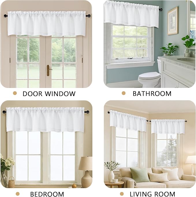OVZME White Valance for Windows, Light Filtering Thick Textured Small Kitchen Valances for Window, Dual Rod Pocket Farmhouse Short Curtain for Bathroom Basement, 1 Piece, 52Wx18L Inch