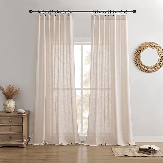 Joydeco Linen Curtains for Living Room,Semi Sheer Drapes Window Long Curtains 72 inches Long Pink Beige