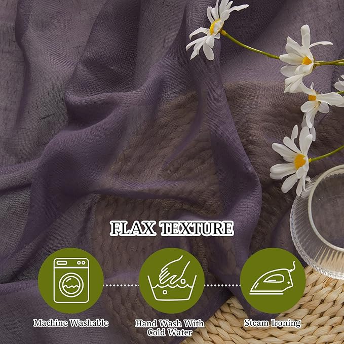 NICETOWN Flax Linen Sheer Curtains for Living Room, Grommet Vertical Semi Sheer Curtains Privacy Drapes with Light Filter for Villa/Cottage, W52 x L84, Purple Brown, 1 Pair