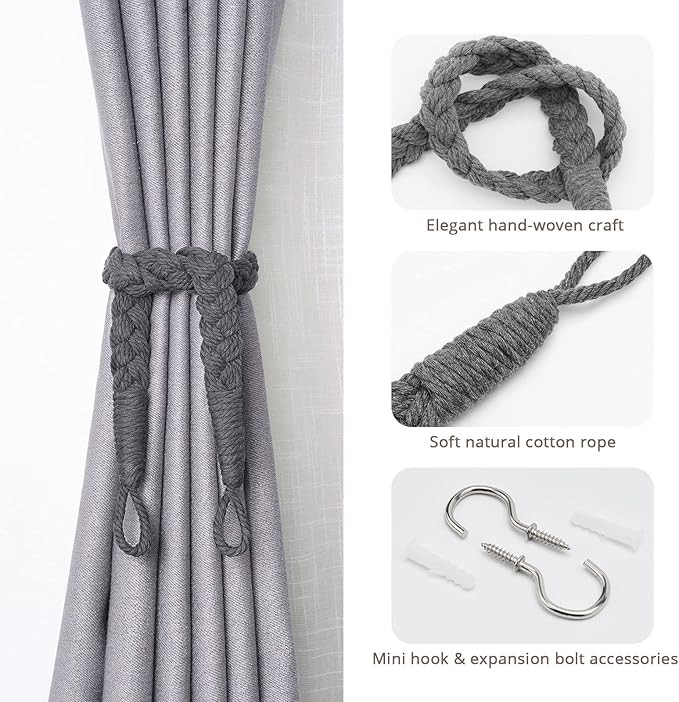 NICEEC 4 Pack Natural Cotton Rope Curtain Tiebacks Elegant Boho Style Decorative Drape Tie Backs Soft Hand-Woven Rope Curtain Holdbacks with Metal Hook for Home & Office Drapery (Dark Grey)